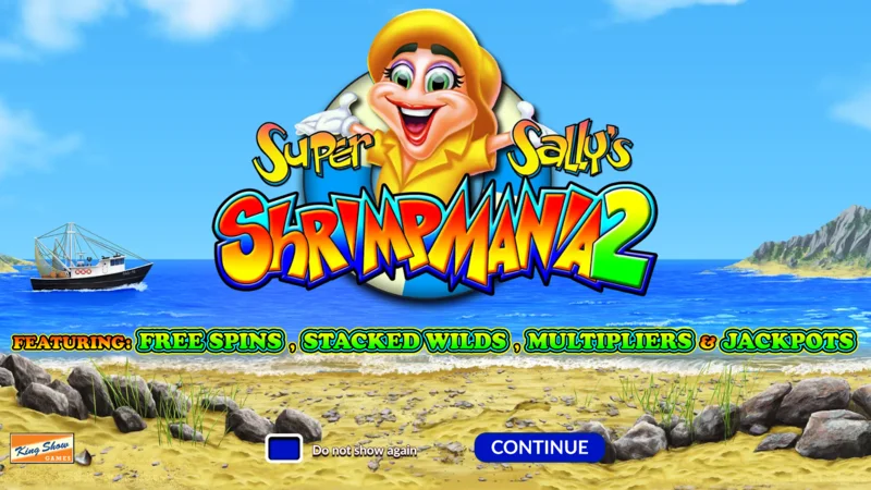 Super Sally's Shrimpmania 2 – hovedskjerm med 5x4 hjul og et rutenett med 40 gevinstlinjer